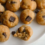 No bake cookie dough bites on a plate.