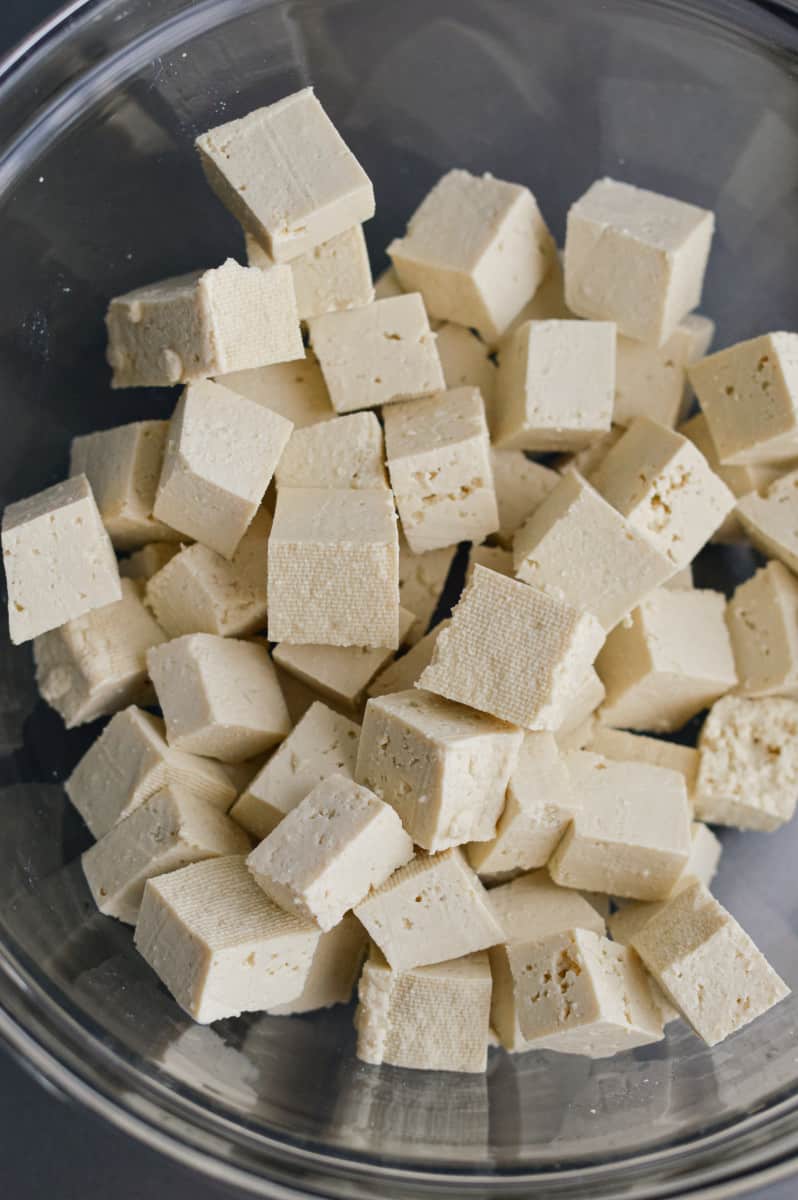 Cubed tofu in a bowl.