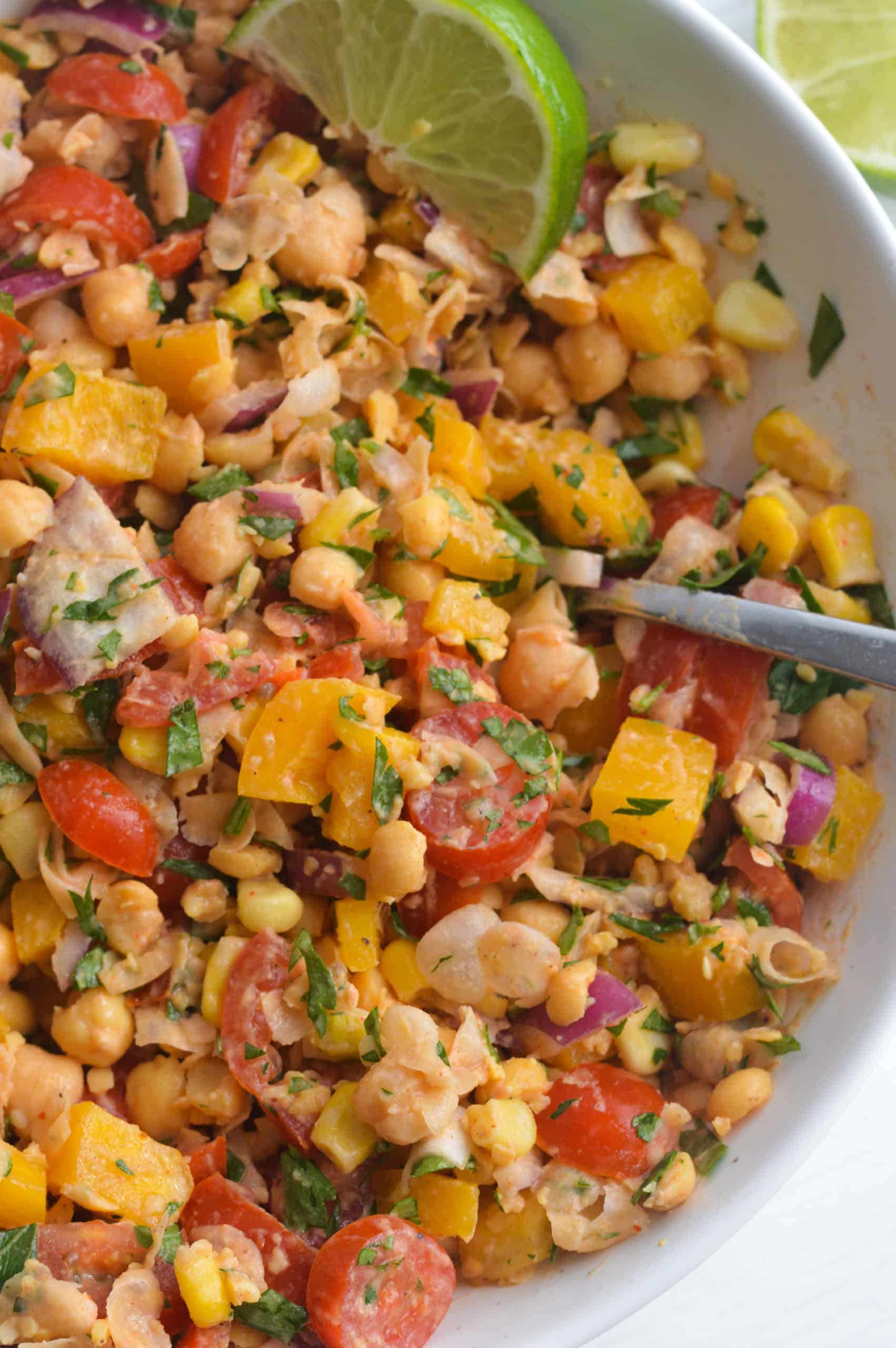 Close up of smashed chickpea salad.