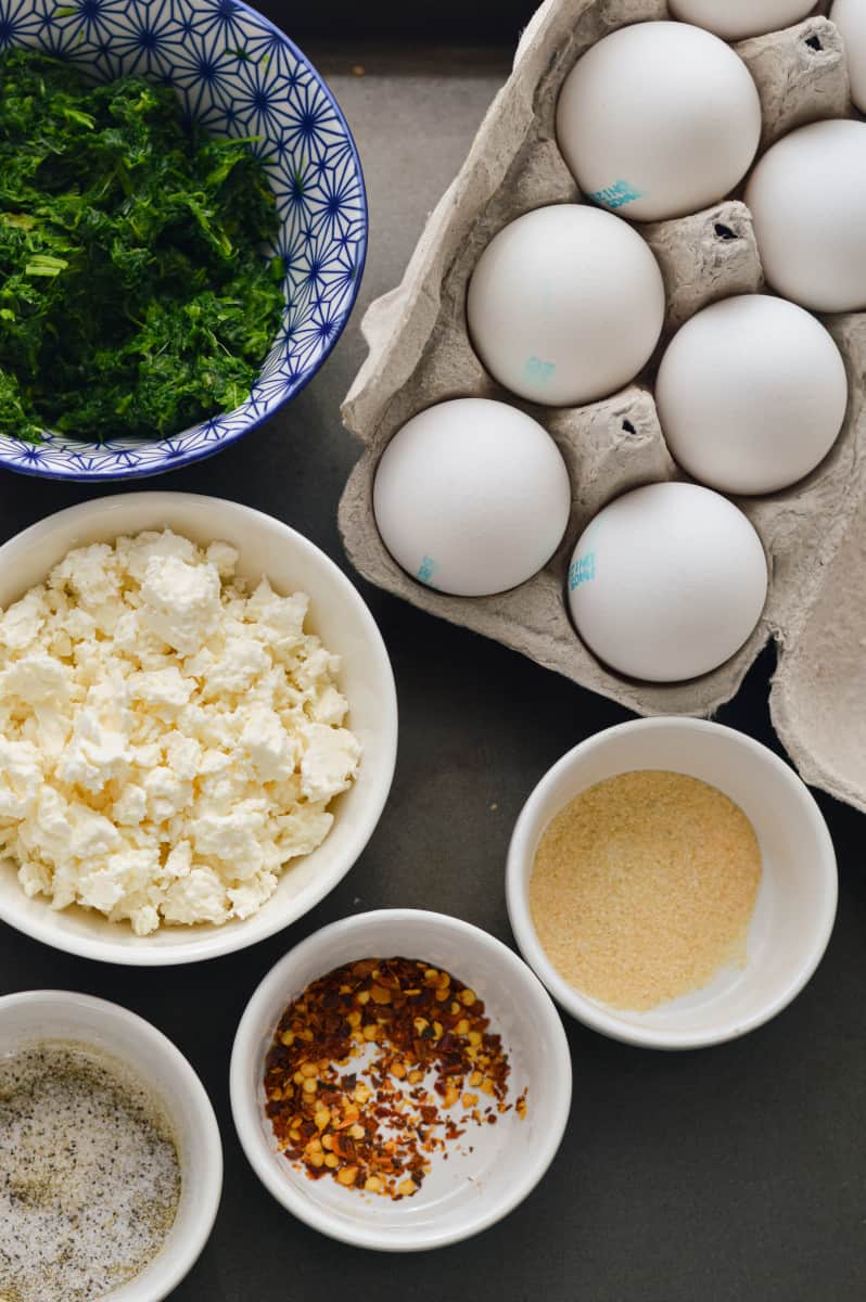 Ingredients for spinach feta egg cups.