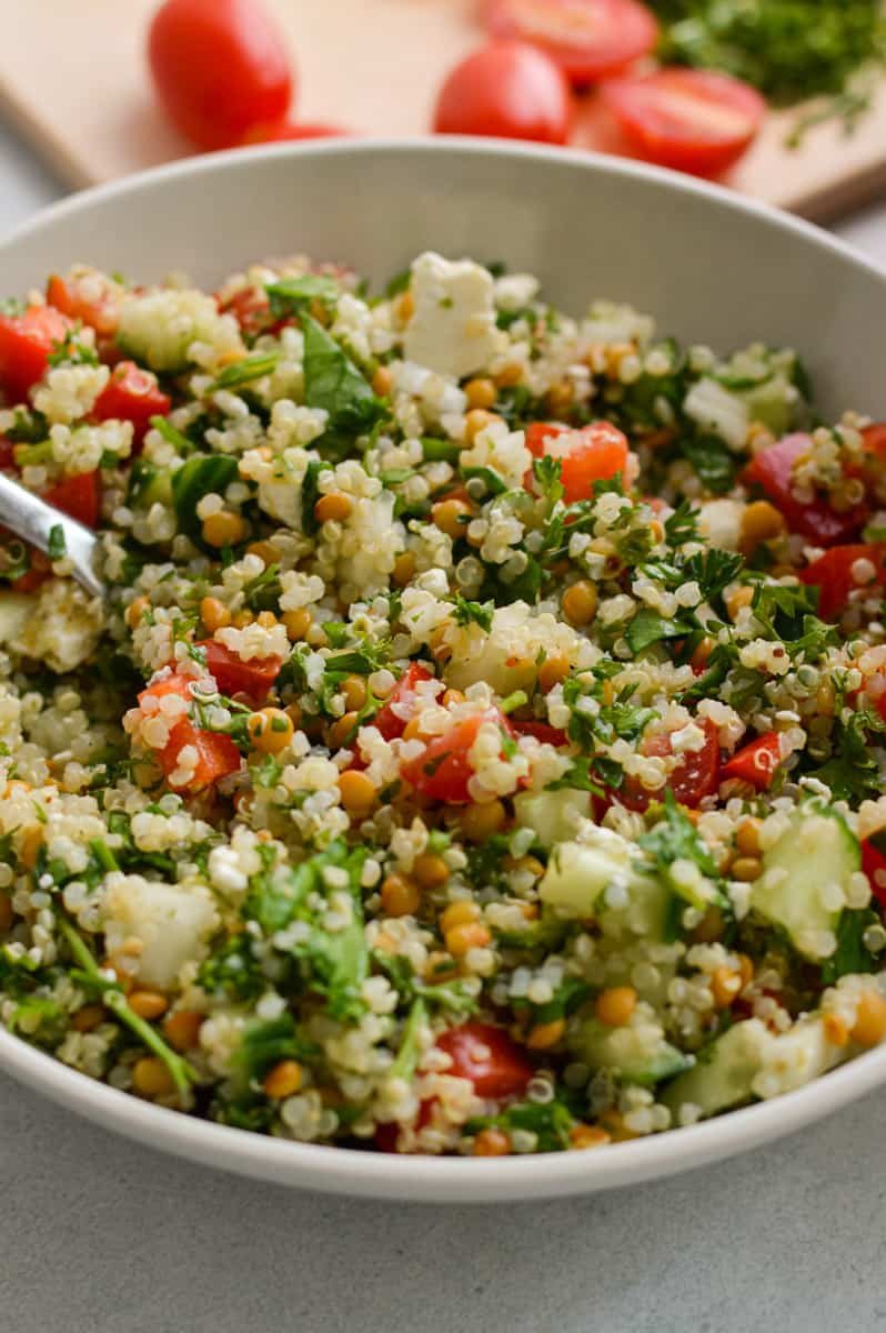 Closeup of quinoa salad in a bowl.