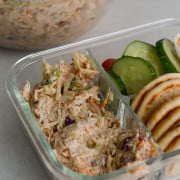 5 ingredient chicken salad recipe added to adult lunchable with pita and cucumbers.