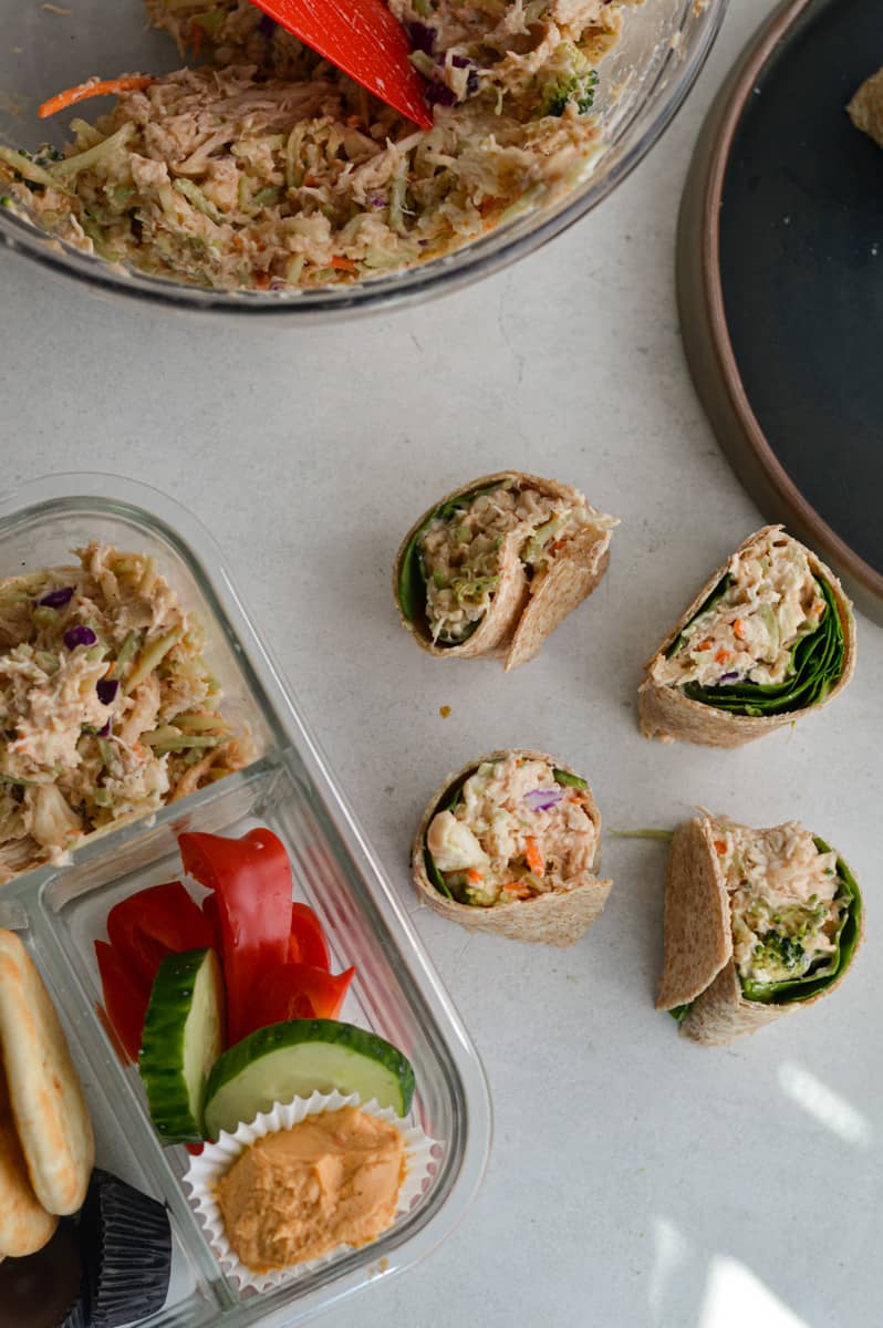 Chicken salad wraps and chicken salad in an adult lunchable.