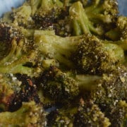 Air fryer frozen broccoli close up.
