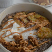 Warm chia pudding topped with peanut butter, yogurt, caramelized banana,s and walnuts.