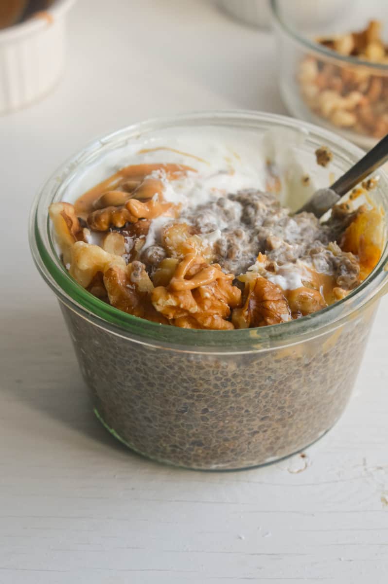 Warm chia pudding topped with peanut butter, yogurt, caramelized banana,s and walnuts.