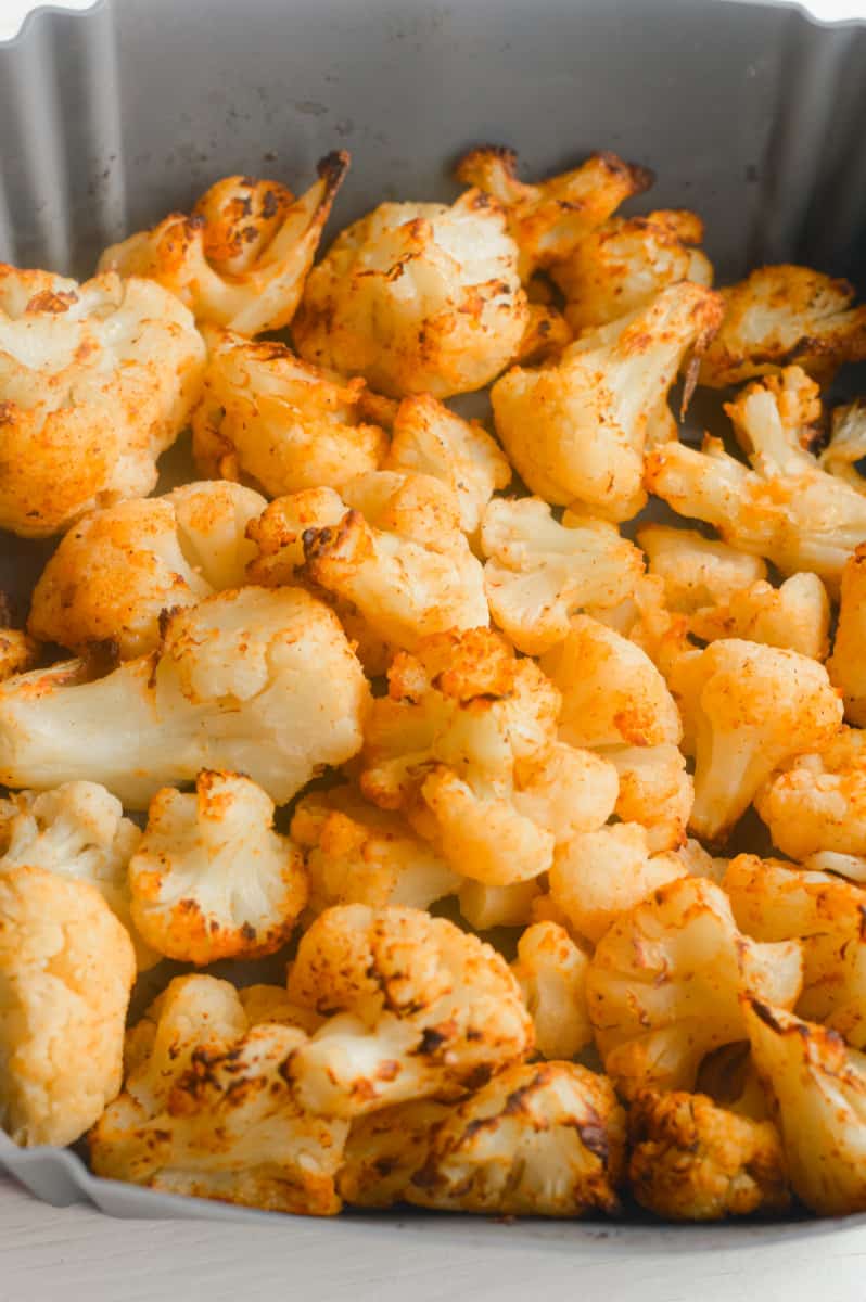 Cooked spiced cauliflower in the air fryer.