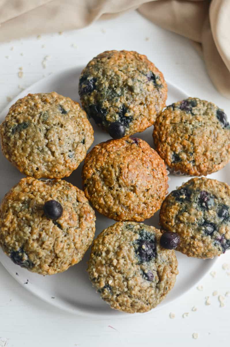 Oat banana blueberry muffins on a plate.