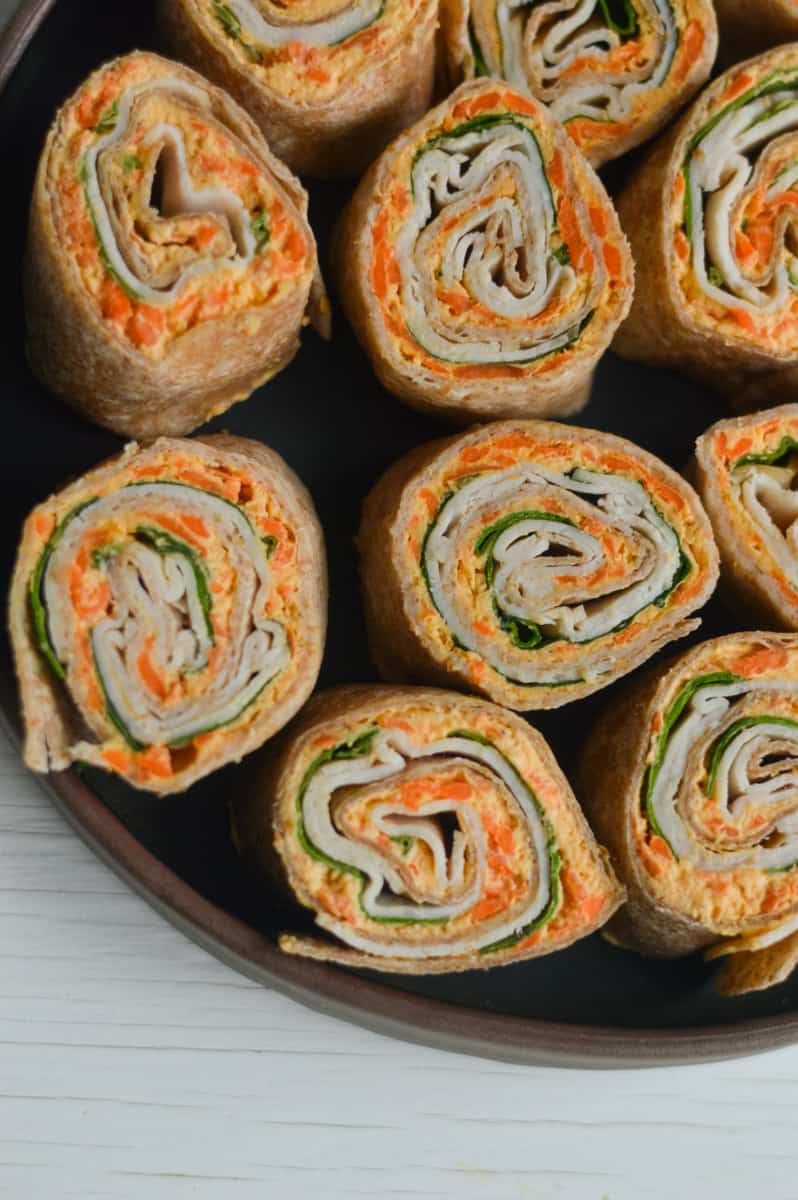 Close up of turkey and cheese roll ups.