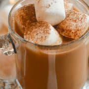 Oat milk hot chocolate with marshmallows and cocoa powder.