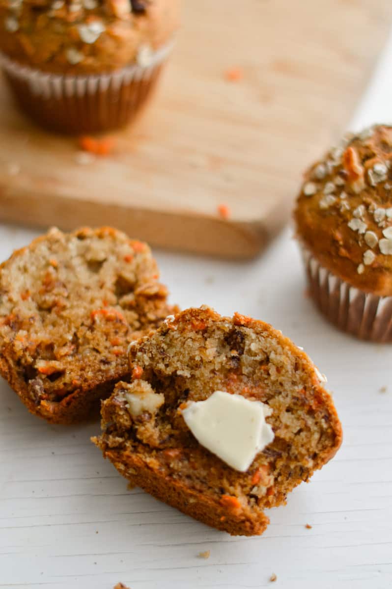 Banana and carrot muffin served with butter.