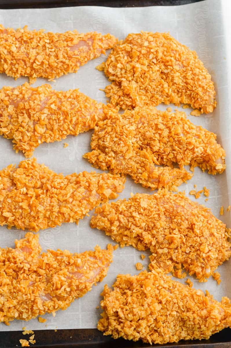 Chicken breast coated in corn flakes.
