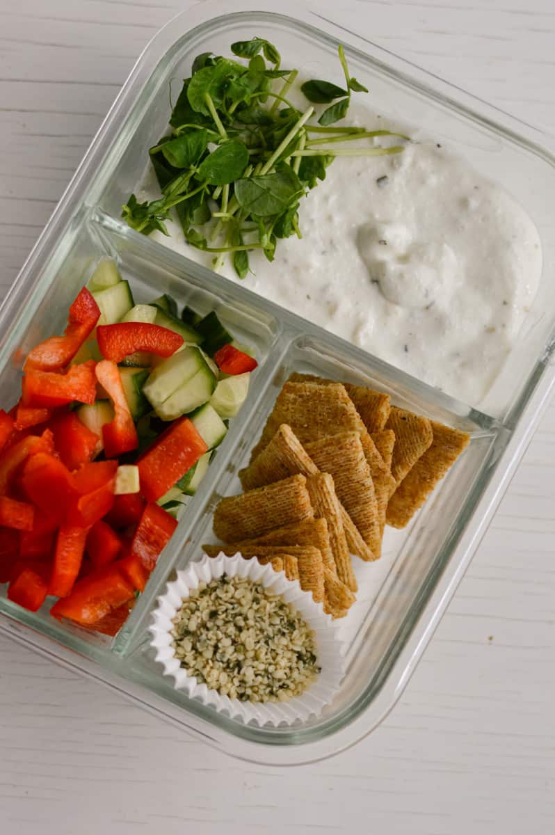 Savoury cottage cheese bowl in meal prep container.
