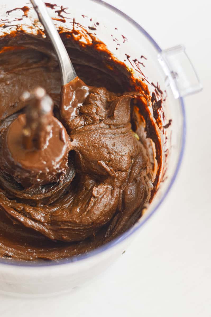 Chocolate avocado mousse in a food processor.