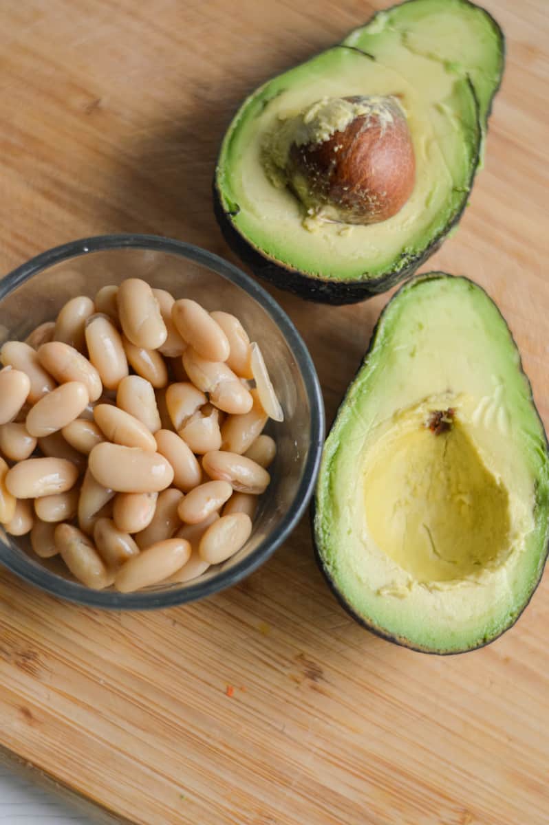 High fiber foods including avocado and white beans.