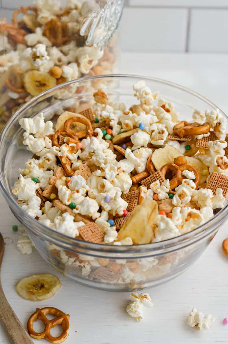 Close up of popcorn trailmix in a bowl.