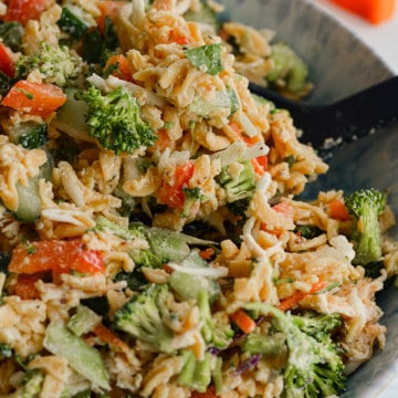 Close up of creamy ranch protein pasta salad in a bowl.