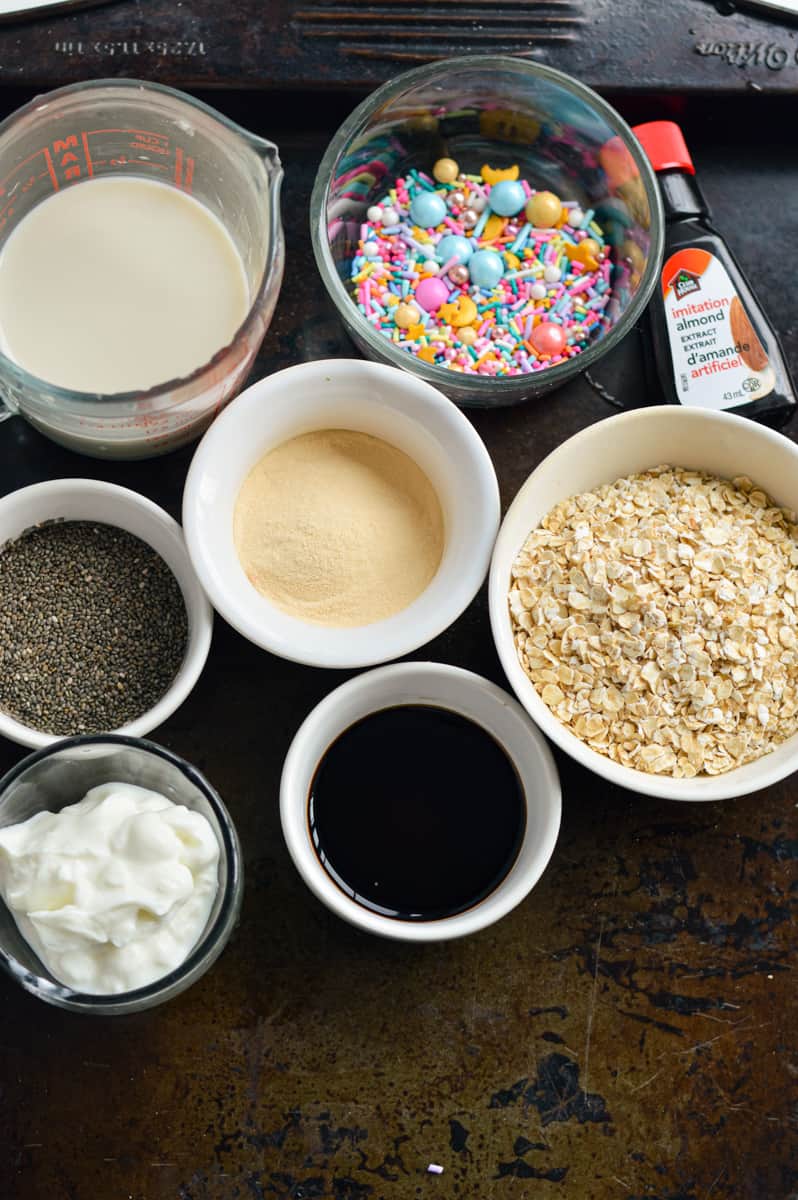 Ingredients for birthday cake overnight oats.