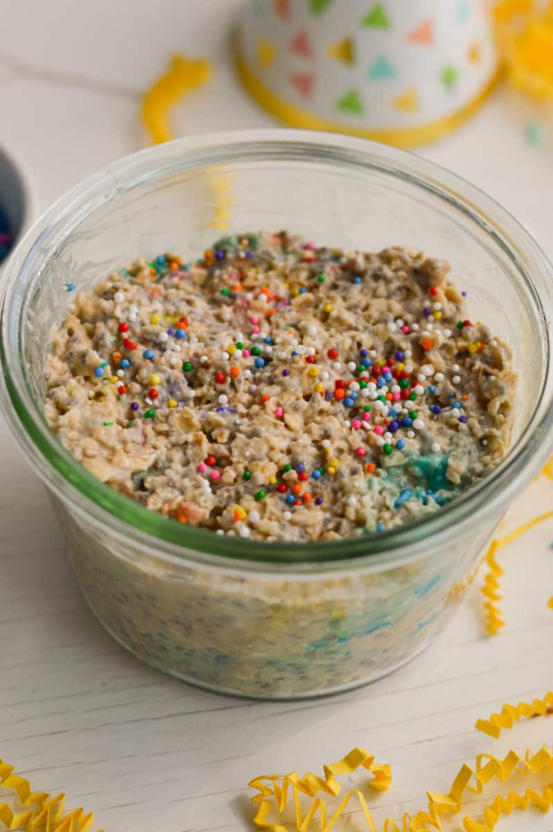 Overnight oats topped with sprinkles.
