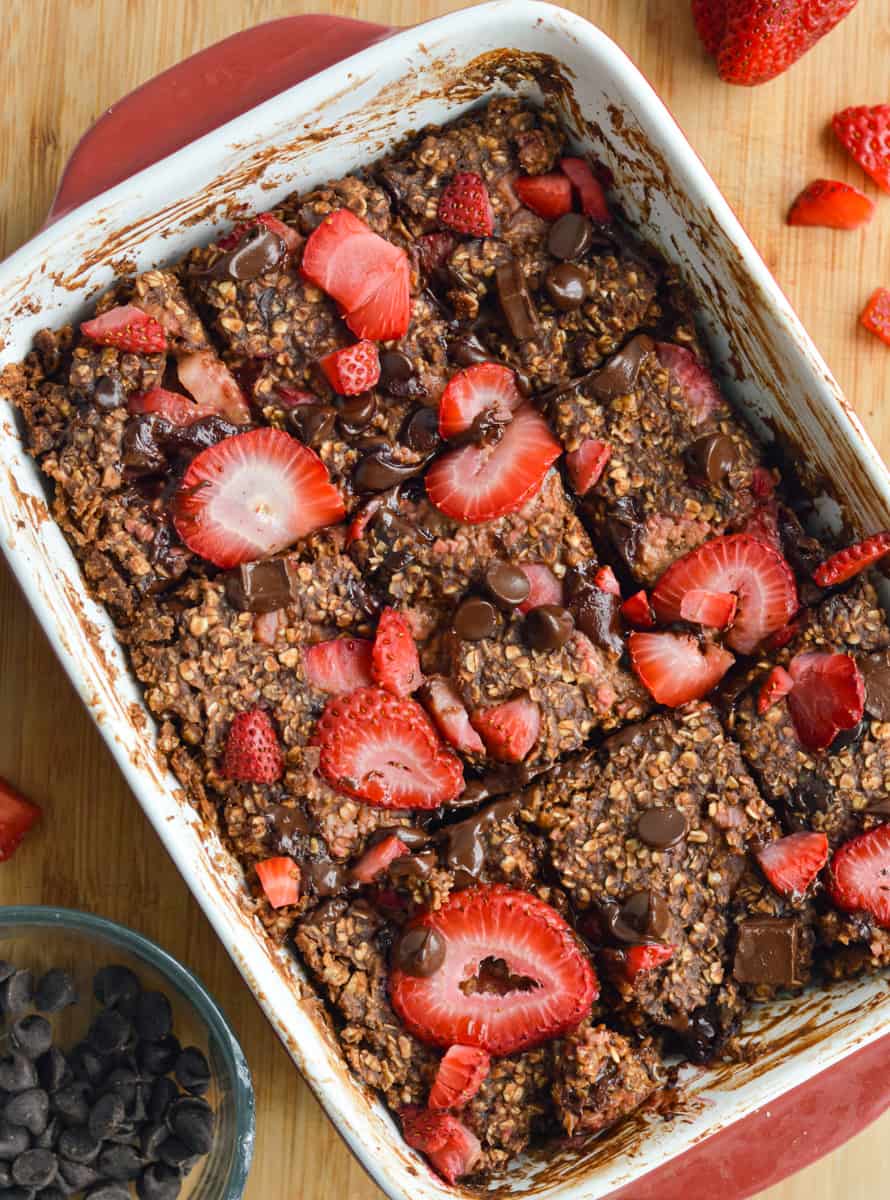 Chocolate baked oats topped with strawberries.