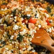 One pan meal of butternut squash orzo with sausage and kale.