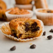 Gluten free chocolate chip muffin with a bite.