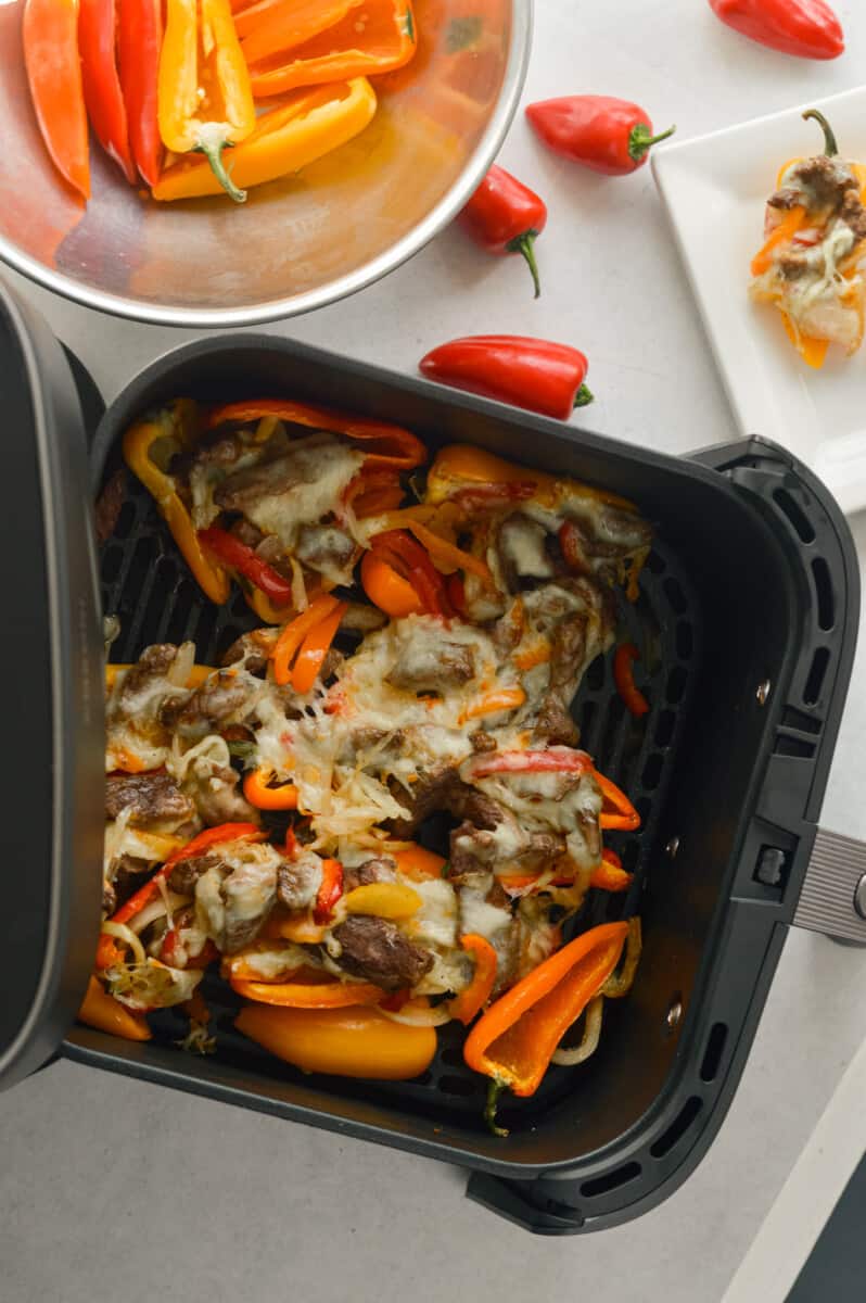 cooked air fryer philly cheesteak stuffe peppers