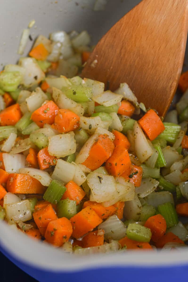 Cooking mirepoix in olive oil and spices.