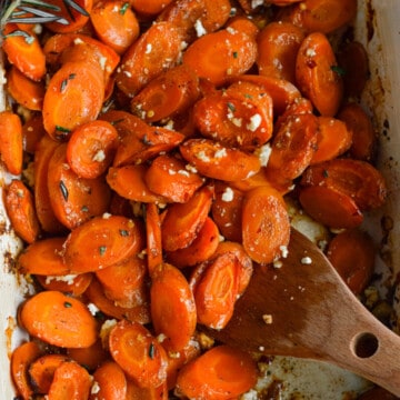 Pan of spicy hot honey carrots.