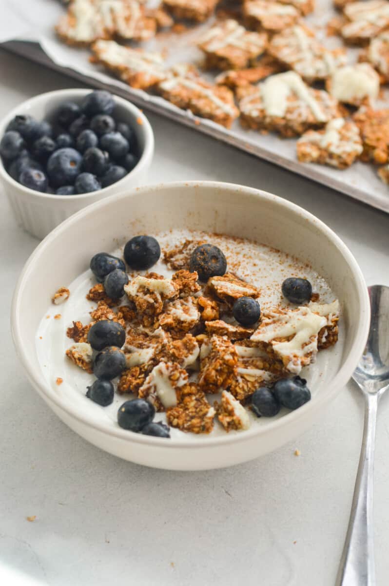Yogurt bowl with blueberries and cinnamon roll granola.