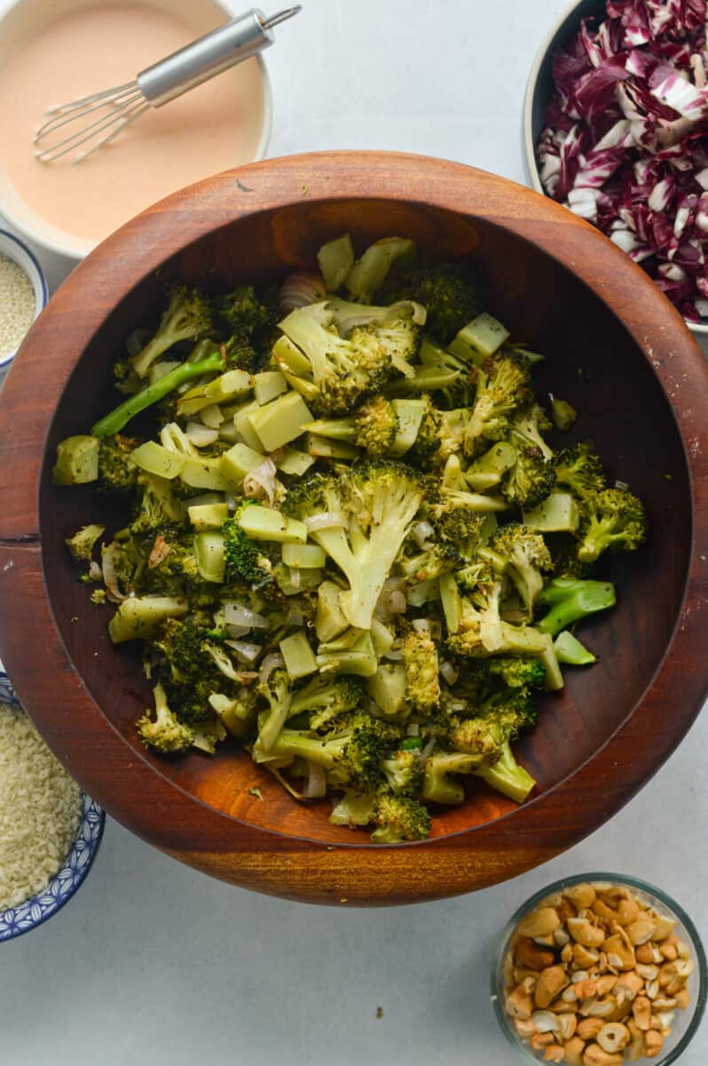 Bowl of roasted broccoli.