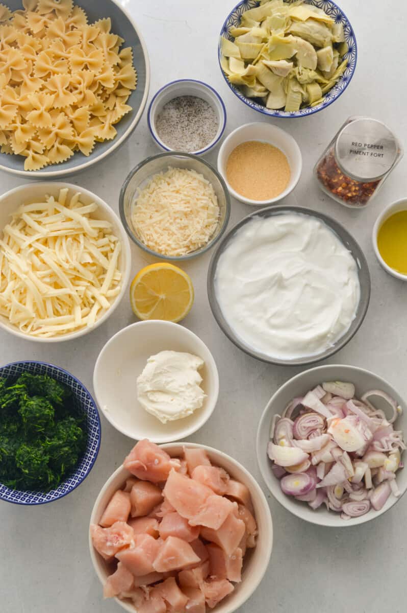 Ingredients including pasta, parmesan cheese, mozzarella, chicken breast, frozen spinach, cream cheese, spices and Greek yogurt.