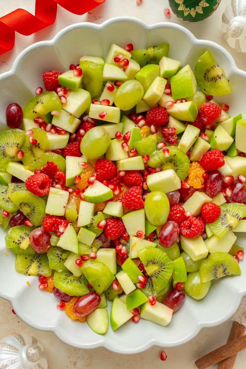 Fruit salad combined in a large bowl