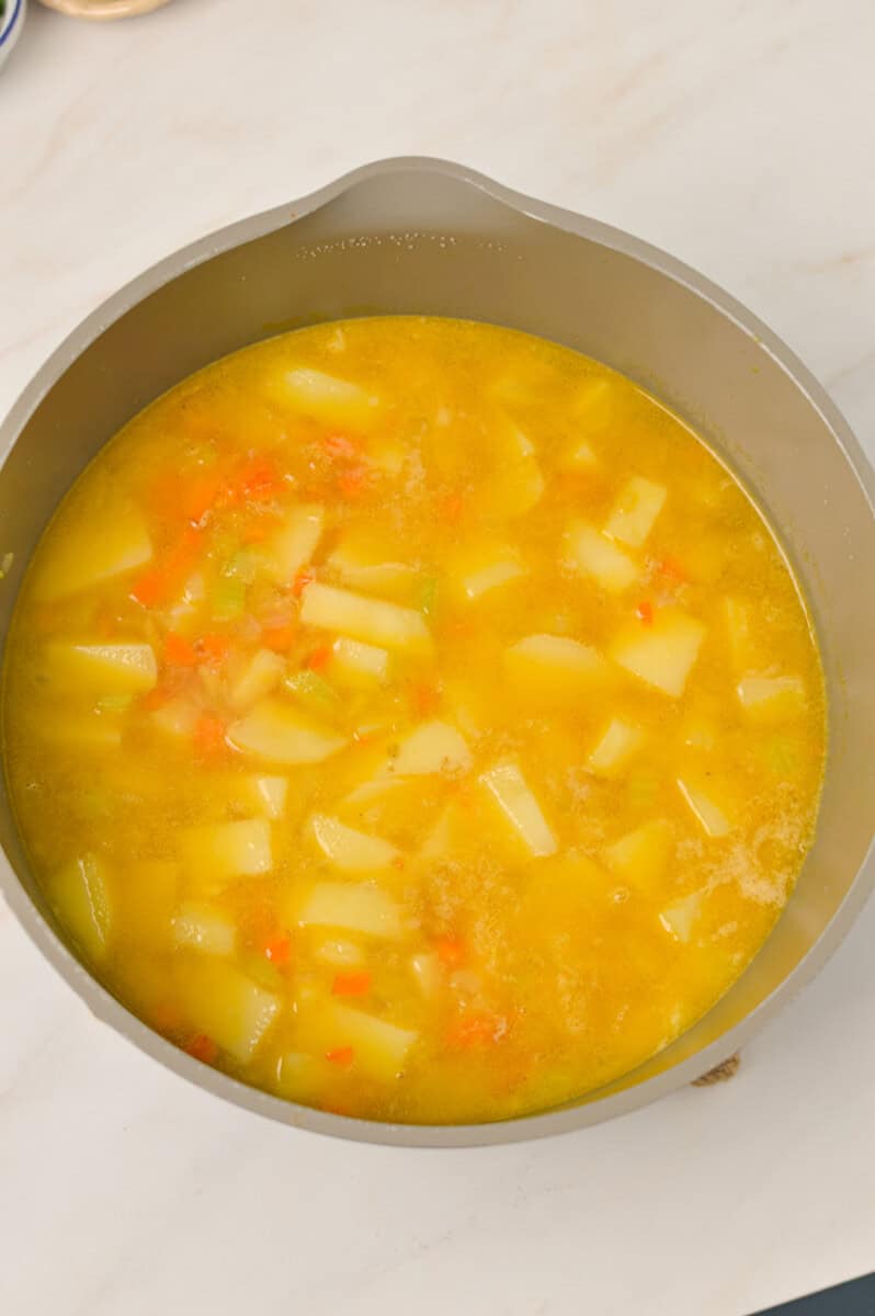 Potatoes and broth added to the large pot