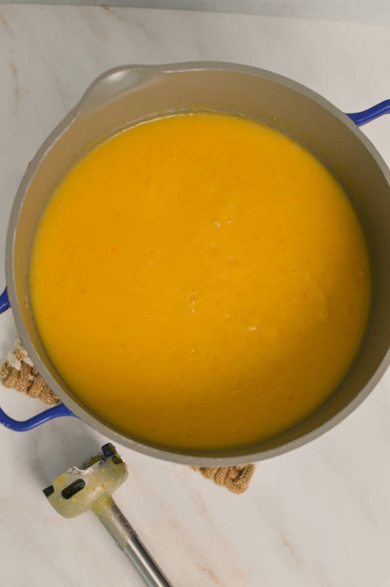 Ingredients in pot blended using an immersion blender