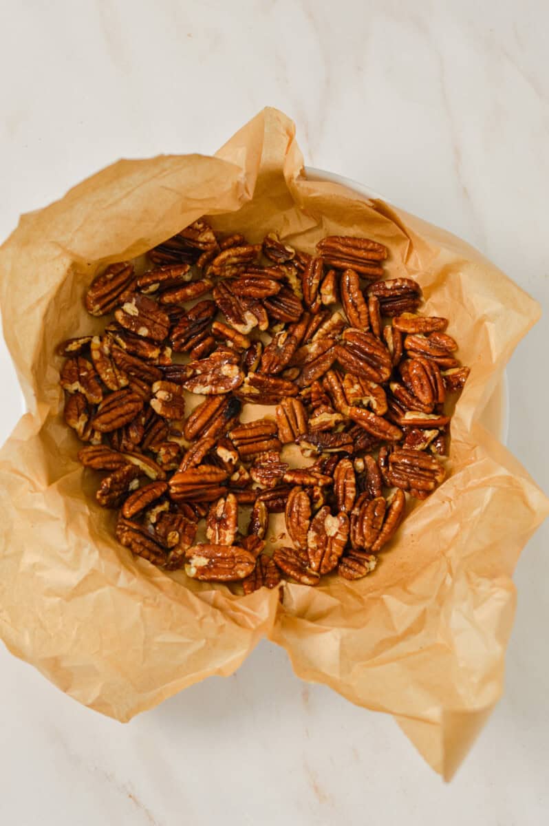 Candied pecans in a bowl