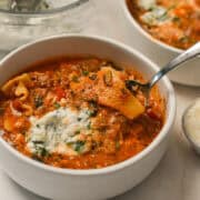 Close up of slow cooker lasagna soup in a bowl