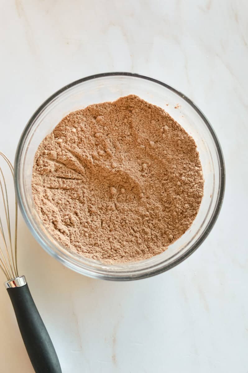 Birdseye of dry ingredients combined in a bowl