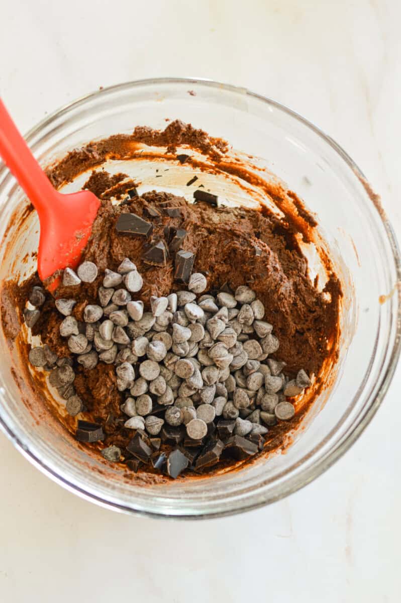 All ingredients combined in a mixing bowl with chocolate chips added