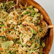 Close up shot of rotisserie chicken salad in a serving bowl