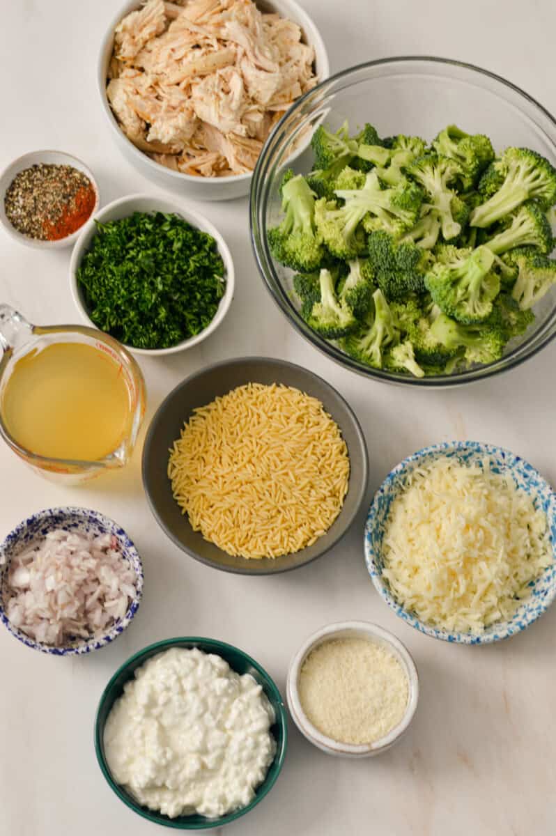 Ingredients for the pasta bake including orzo, broccoli, chicken broth, spices, cottage cheese, chicken, shallot, Parmesan, mozzarella, and parsley