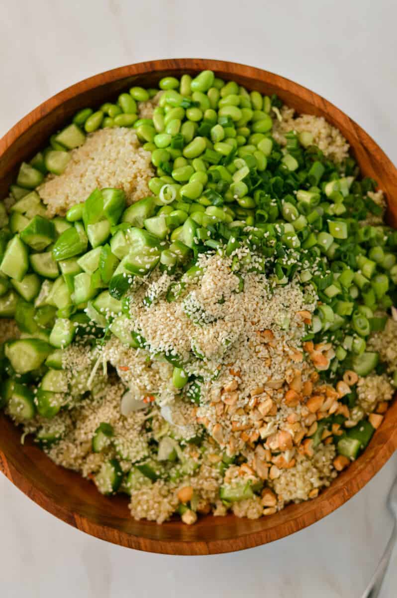 All ingredients for the salad added to a large bowl