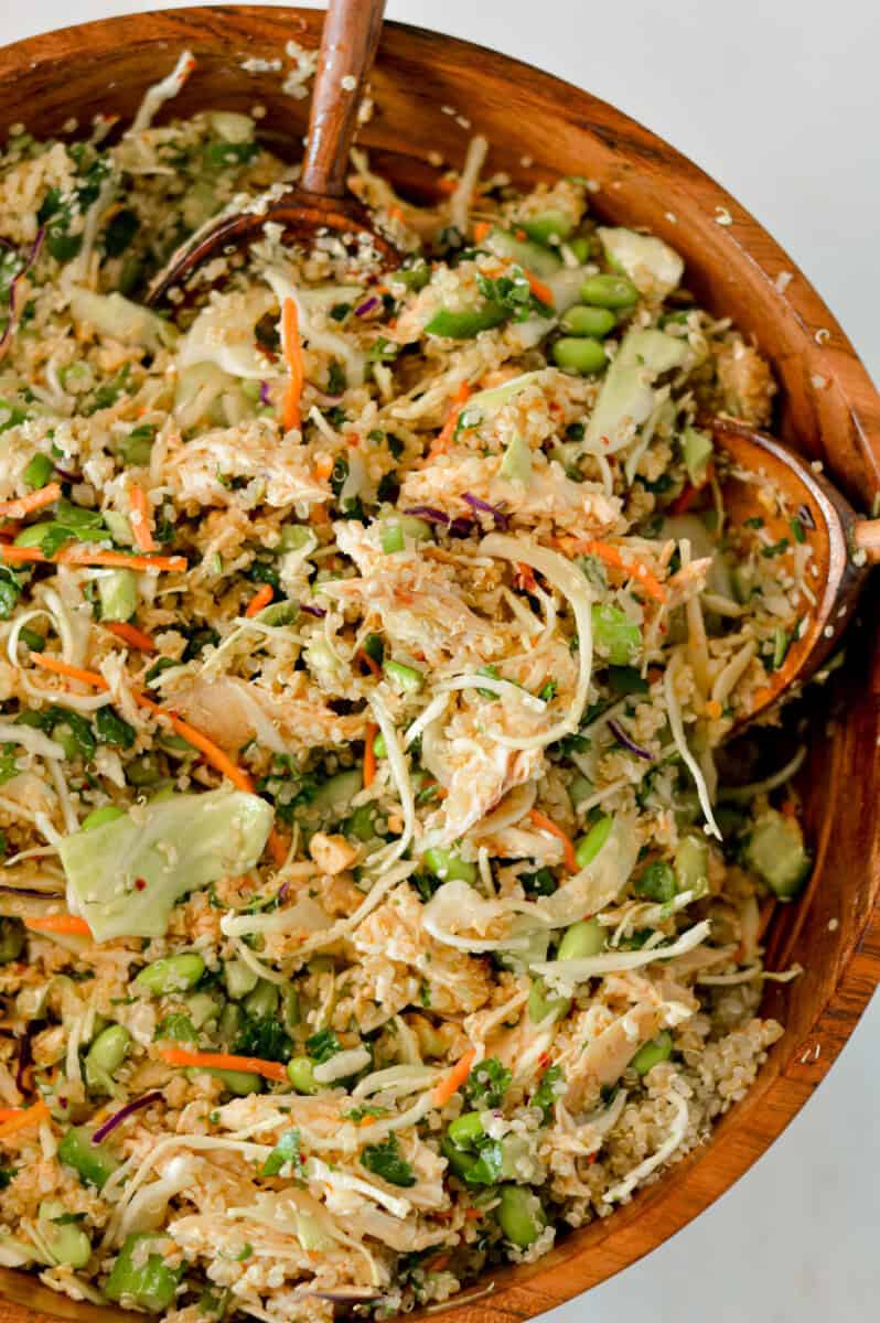 Close up of the finished salad in a large mixing bowl