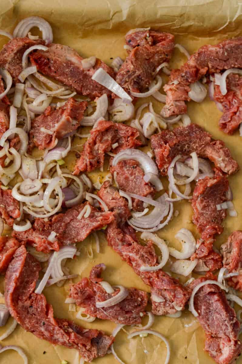 Steak on the sheet pan with onions