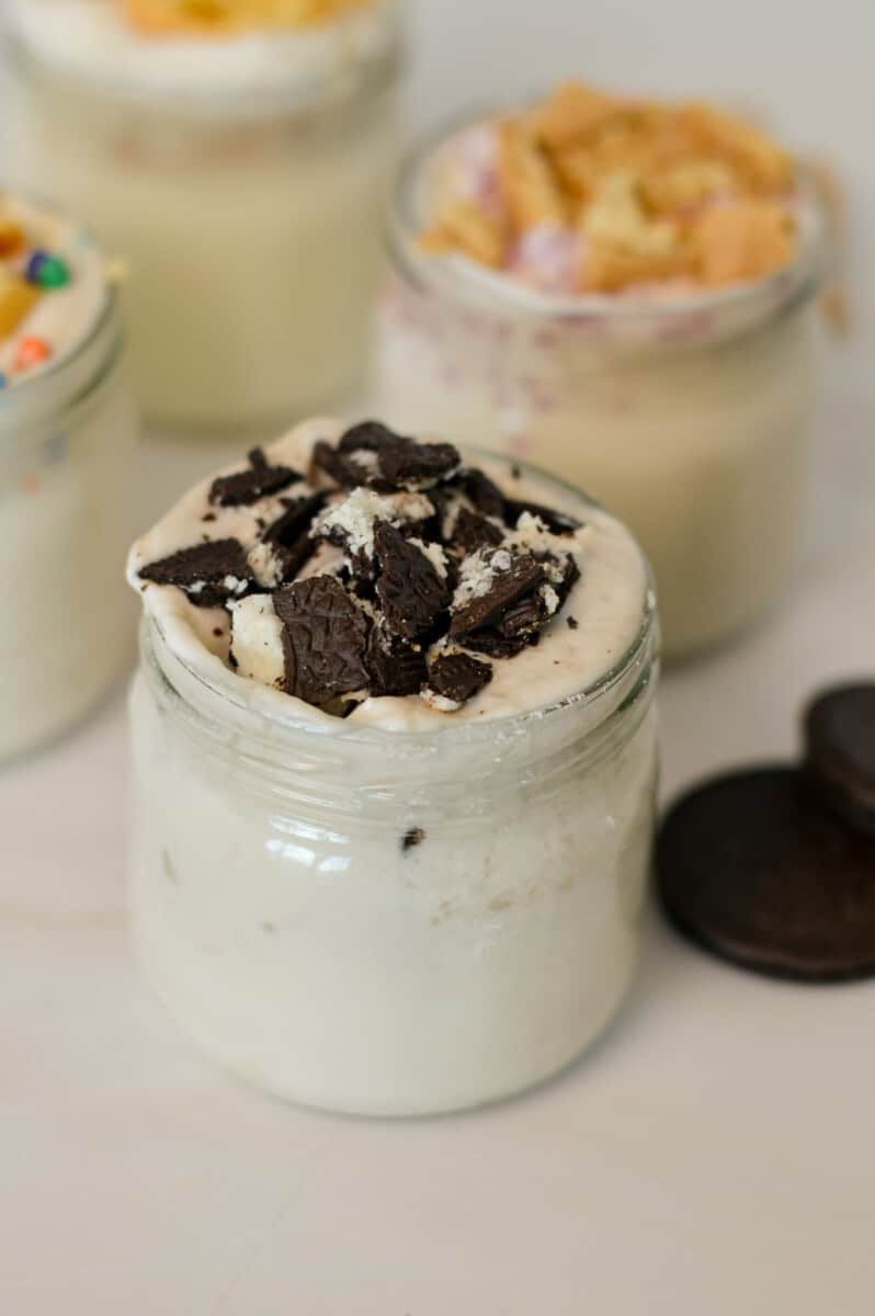 Close up of oreo cheesecake jar