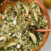 Birdseye shot of pear and fennel salad in a large salad bowl