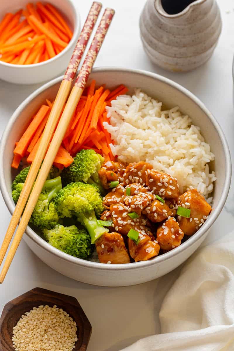 Chicken teriyaki bowl with chopsticks