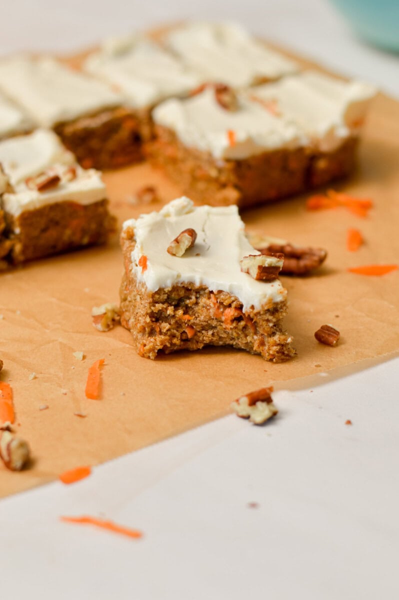 Bite taken out of finished carrot cake bars