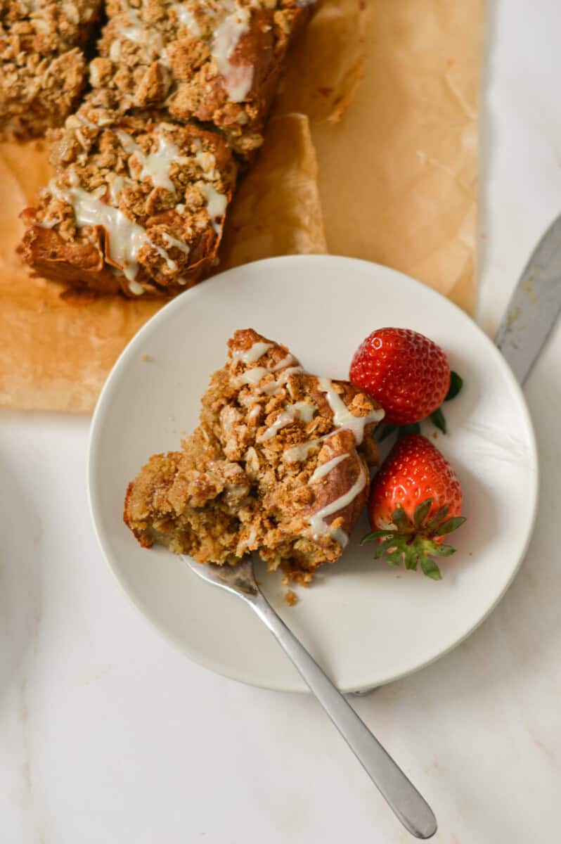 Breakfast cake on a plate with strawberries