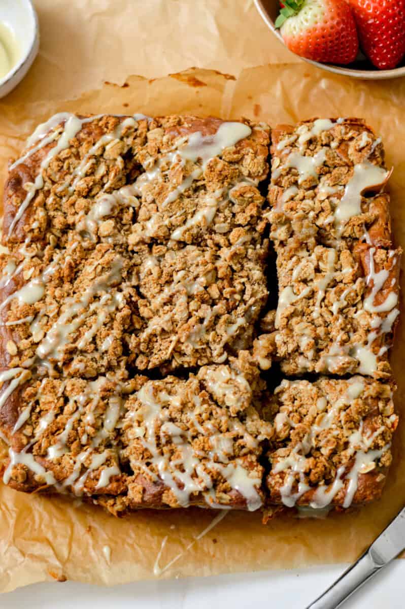 Finished coffee cake sliced with white chocolate topping